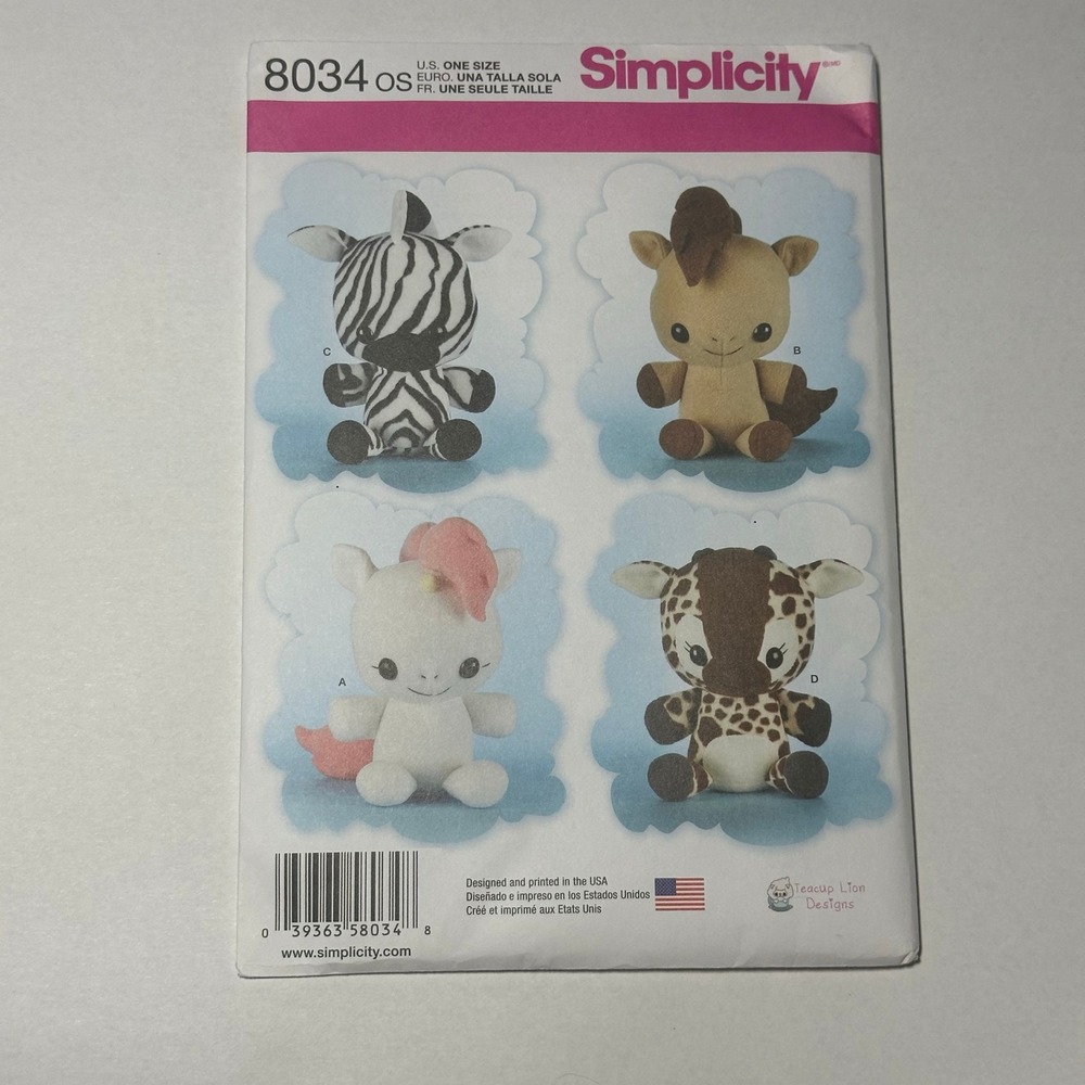Simplicity 8034 UNCUT Sewing Pattern Stuffed Animals OS Multi-Color